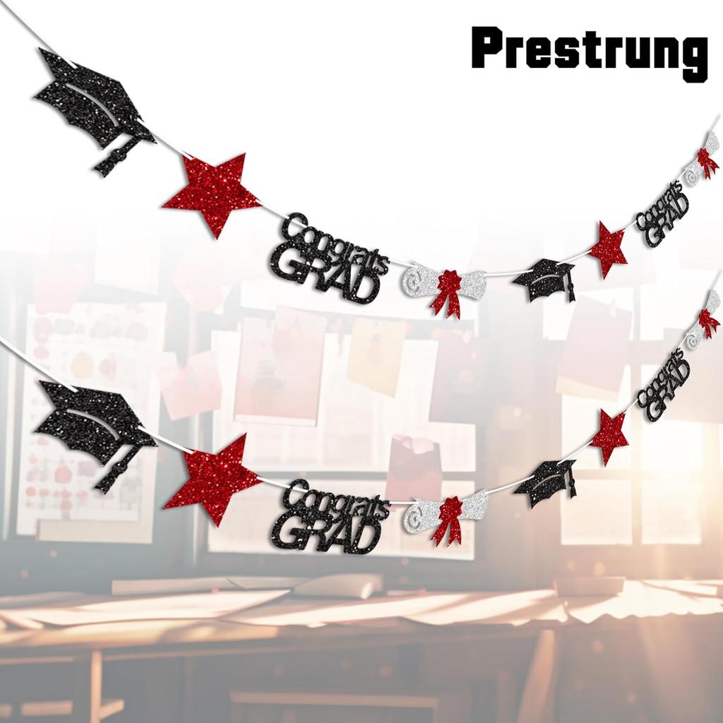 Black and Red Congrats Grad Banner Graduation Decorations Class of 2026 Glitter Star Grad Cap Certificate Bunting Garland for Graduation Party