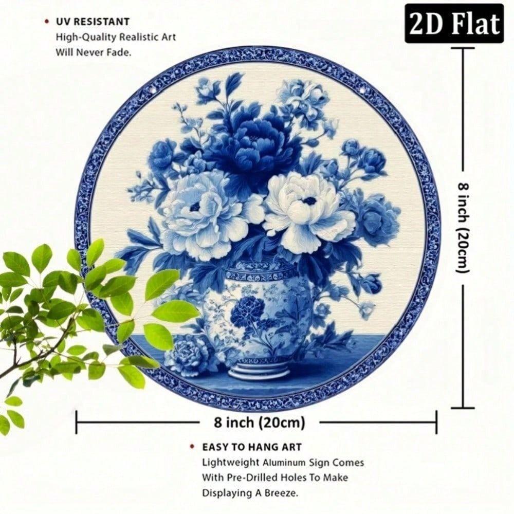 Vintage Round Metal Wall Art Sign with Blue Porcelain Floral Design