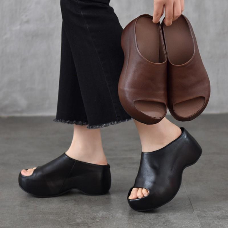 Johnature Genuine Leather Lightweight Thick Soled Peep Toe Slippers Versatile Wedge Heel Women's Slip-on Shoes