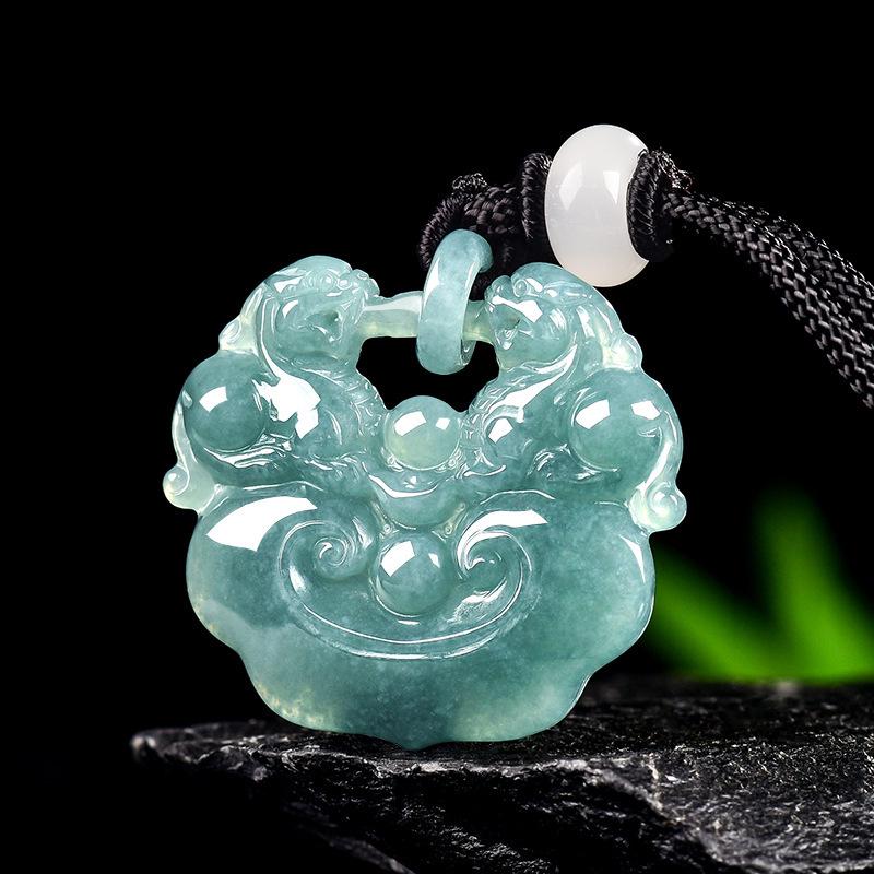 Premium Blue Jade Pixiu Ruyi Pendant Necklace with Leather Tassel