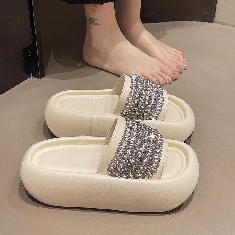 

Fashion Flats Women Slippers Crystal Platform Dress Shoes Fashion Woman Sandals 2025 Casual Slides Designer Flip Flops Mujer Zapatos 40 бежевый