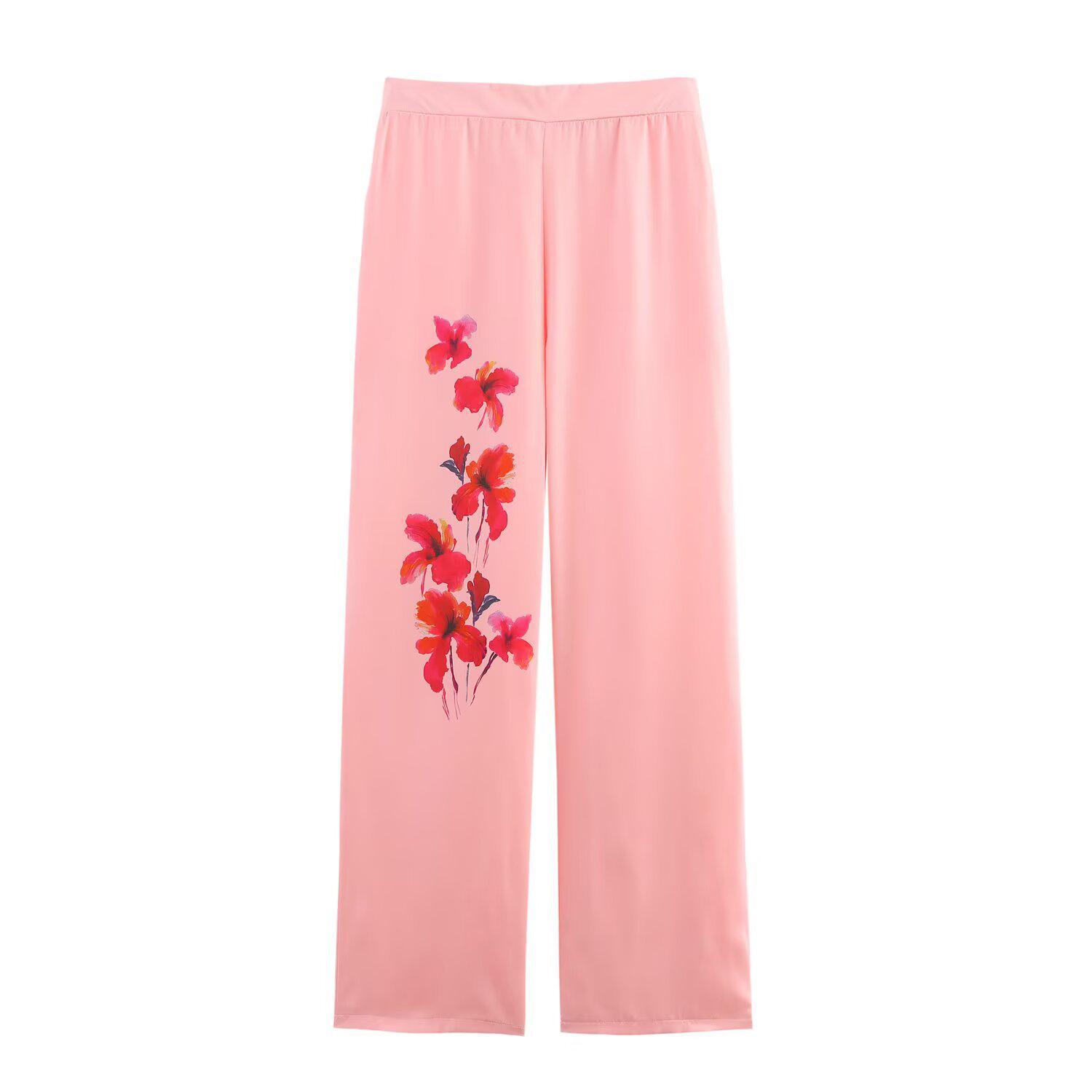 

2025 Spring/Summer Women s Floral Satin Shirt & Wide-Leg Pants Set Small