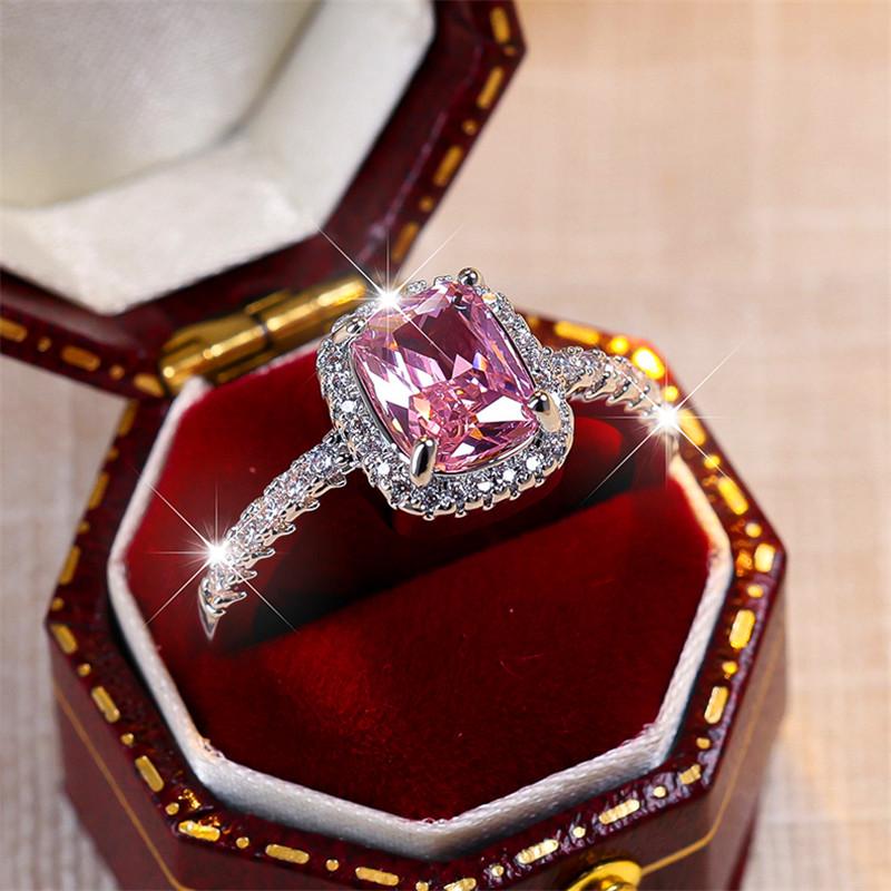 Luxury Female Girl Big Crystal Pink Square Zircon Stone Ring  Color Wedding Jewelry For Women