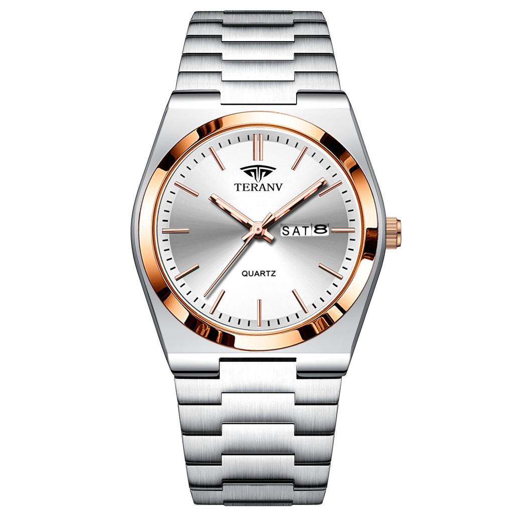 Men's Ultra-Thin Luminous Quartz Watch with Steel Band and Double Calendar, Waterproof.