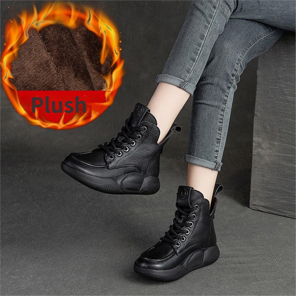 Johnature Γυναικείες μπότες Γνήσιο δέρμα Χειμερινά κορδόνια με στρογγυλά γυναικεία παπούτσια Ράψιμο χειροποίητα ρετρό μποτάκια
