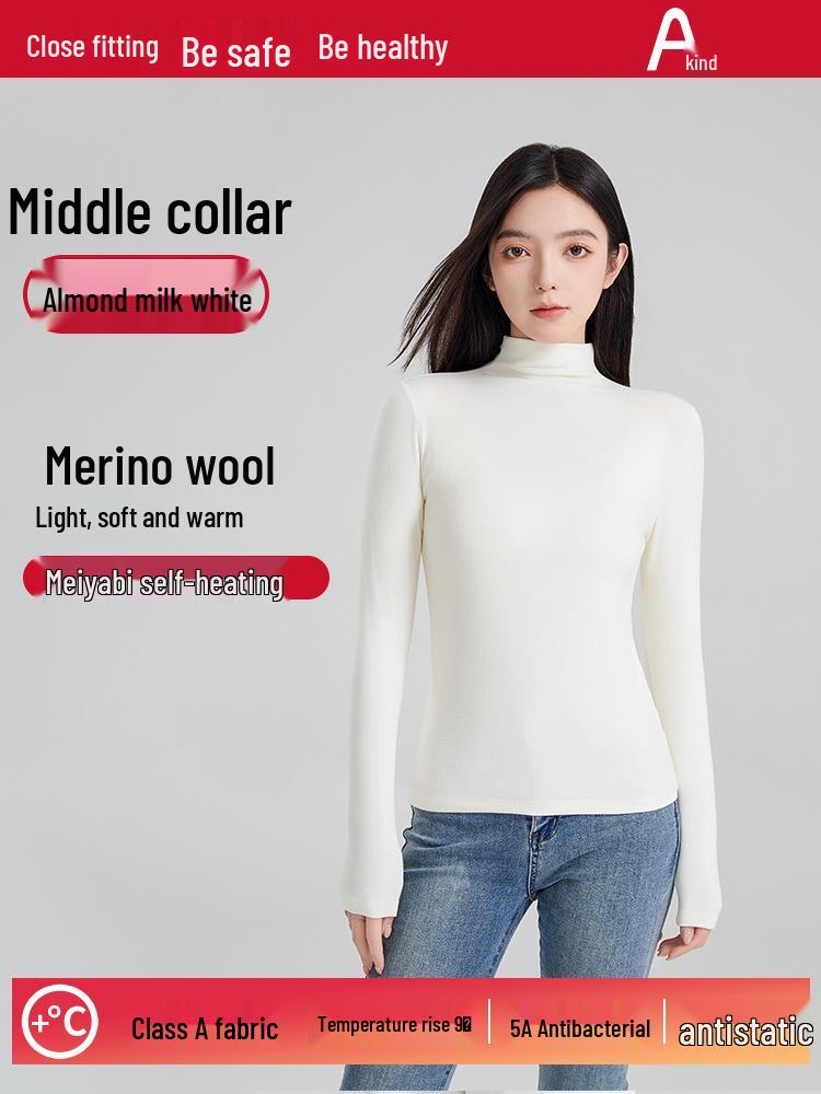 Autumn/Winter Wool Long-Sleeve Velvet Cotton Mid-Neck Women's Fashion Top