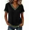 Women's Casual Color Block V Neck Short Sleeve T Shirt Top Lightweight Soft Fabric Relaxed Fit Layered Hem Design
