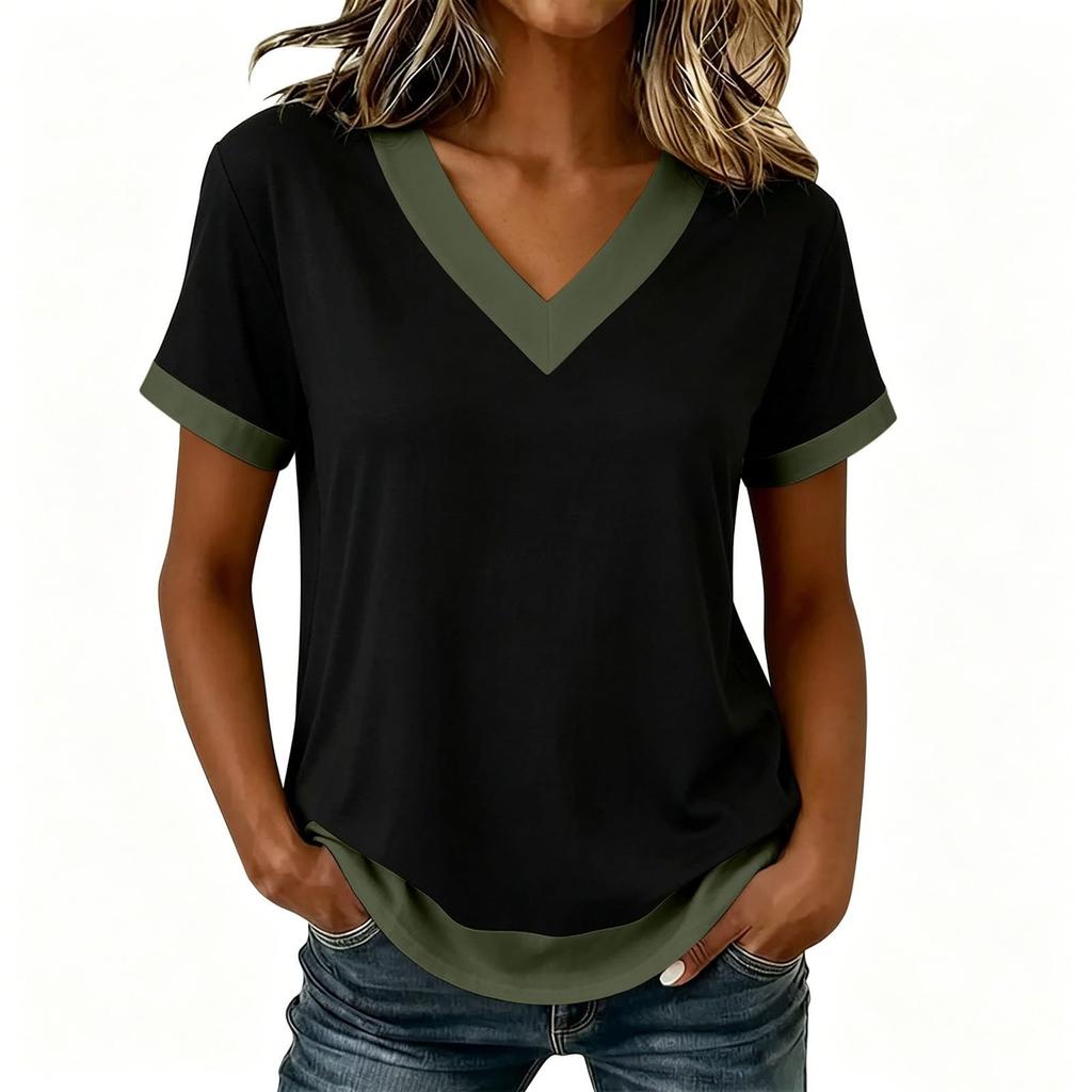 Women's Casual Color Block V Neck Short Sleeve T Shirt Top Lightweight Soft Fabric Relaxed Fit Layered Hem Design