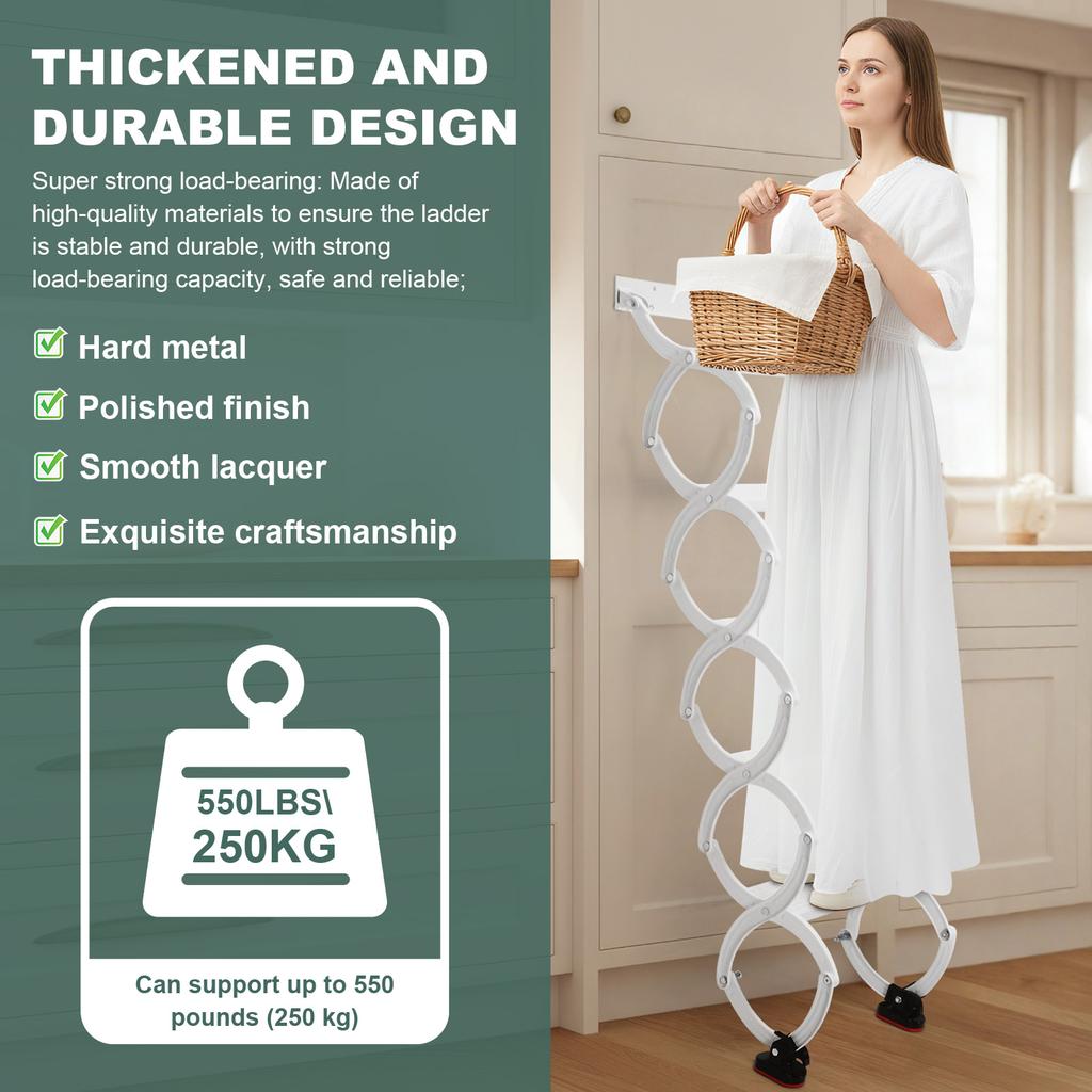 5-8 Steps Wall Mounted Invisible Telescoping Attic Stairs Anti-Slip Steps Retractable Ladder 49in-78in Vertical Height for Home