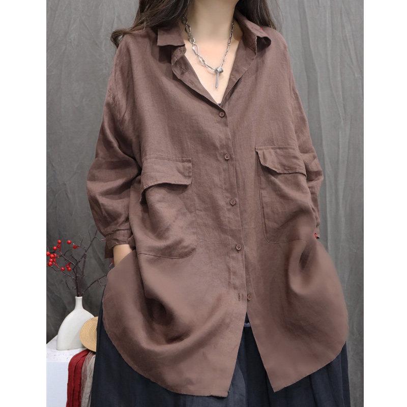 2026 Ретро мешковатая повседневная рубашка из фактурного льна с большим карманом Extra Large