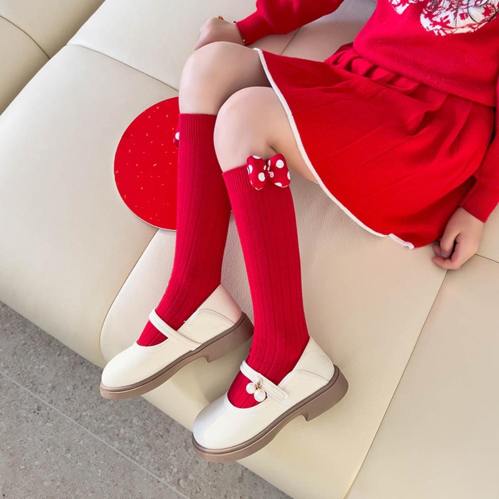 Cotton Bow Hosiery for Kids Middle Tube Children Long Socks Cute New Year Red Socks  Home Socks