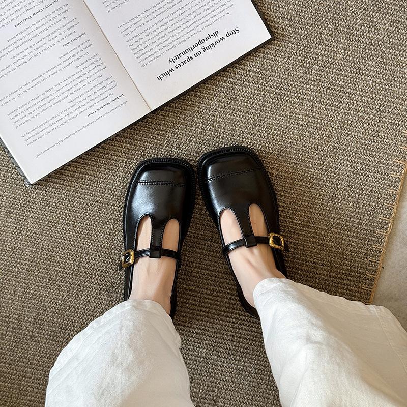 Soft Leather Version~ Square Head T-Buckle Retro Mary Jane Small Leather Shoes Versatile Loafer Shoes Commuter Flat Shoes Women