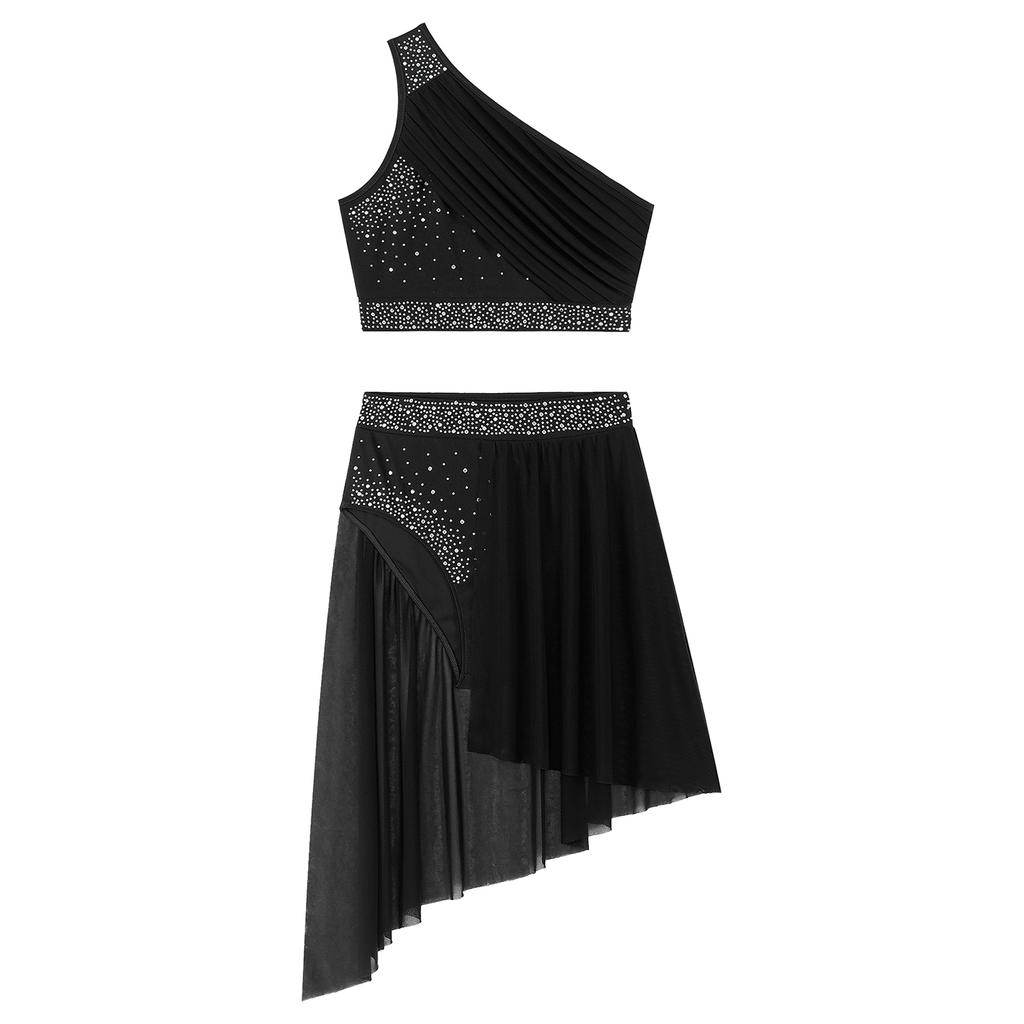 Womens Lyrical Modern Dance Outfits Dancewear One Shoulder Ruched Mesh Overlay Rhinestones Crop Top with Irregular Hem Skirt