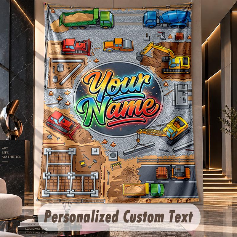 Construction Vehicles (6) Theme Custom Tapestry Personalized Custom Name Text Wall Hanging Tapestry Home Decor Background Cloth