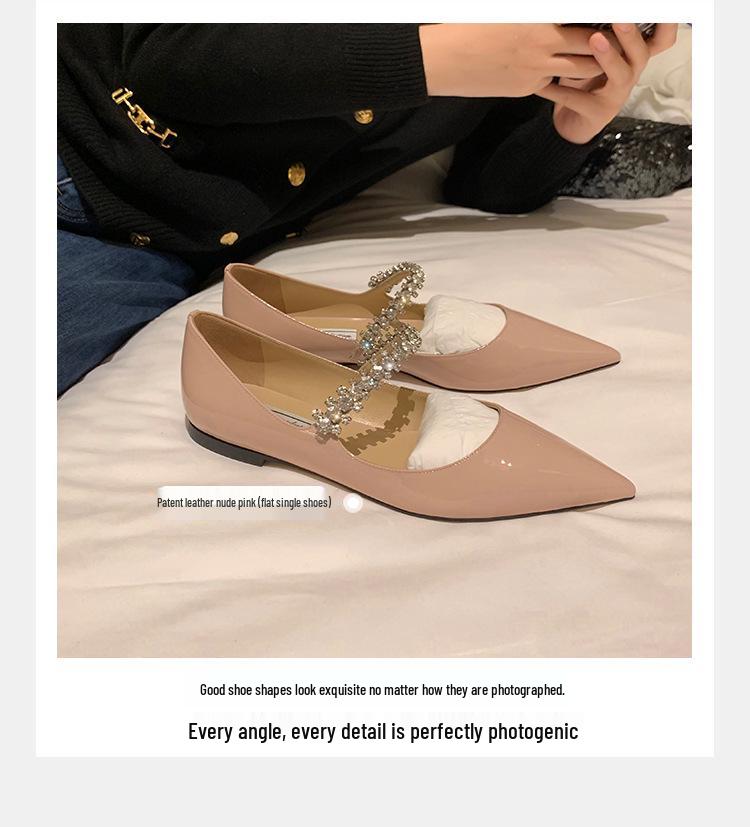 2025 Frühling/Sommer Damen Schuhe mit niedrigem Absatz und spitzer Zehenpartie mit Diamantriemchen – Zarter Feen-Stil