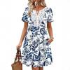 Damen V-Ausschnitt Kurzarm Etuikleid Kontrastspitze Häkeldetails Blumenprint Tunikakleid Lässiges Sommer Strandkleid