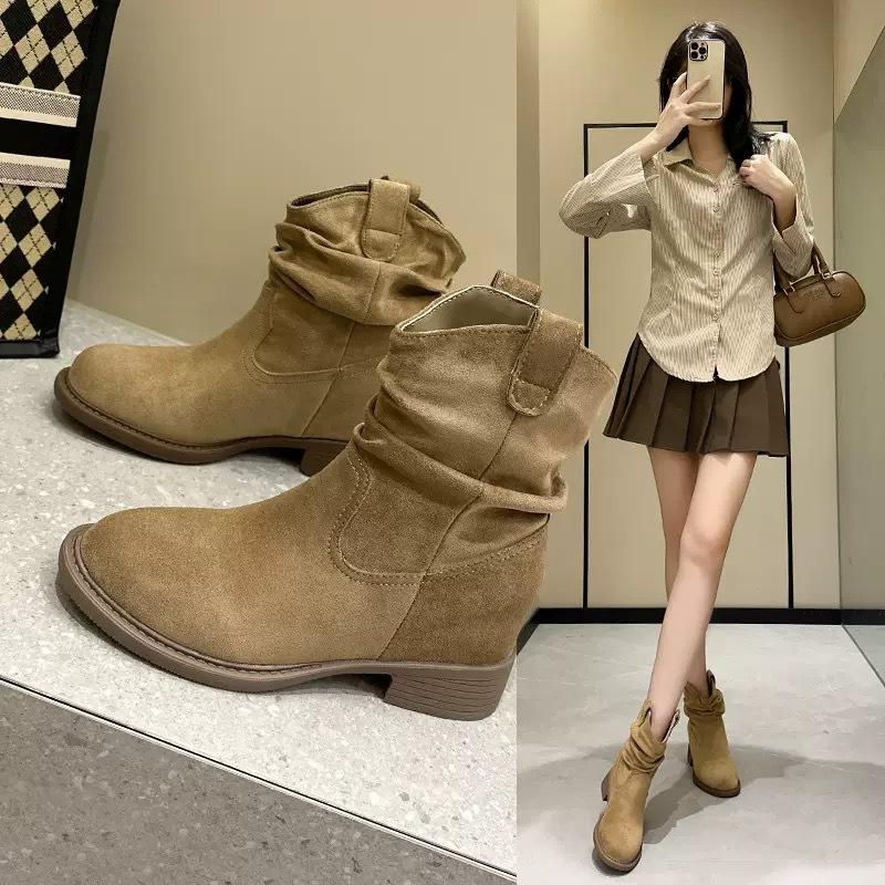 Inner Heightening Retro Wind Stacking Boots Women's Autumn and Winter New Maillard Western Cowboy Boots Knight Boots Medium Boots