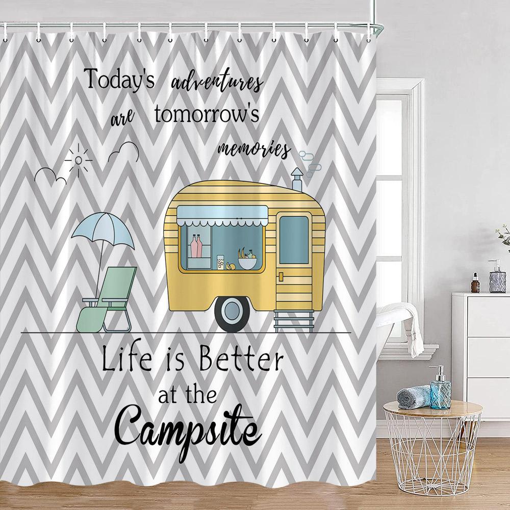 Cartoon Camper Shower Curtains Tree Camping Travel Bus Rv Bathroom Curtain Polyester Fabric Home Decoration With Hooks For Bath