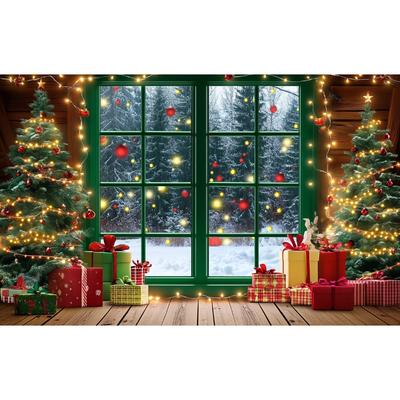 Christmas Winter Decoration Background Snow Window Forest Christmas Tree Photography Background 70.8*43.3 InchesPhoto Studio