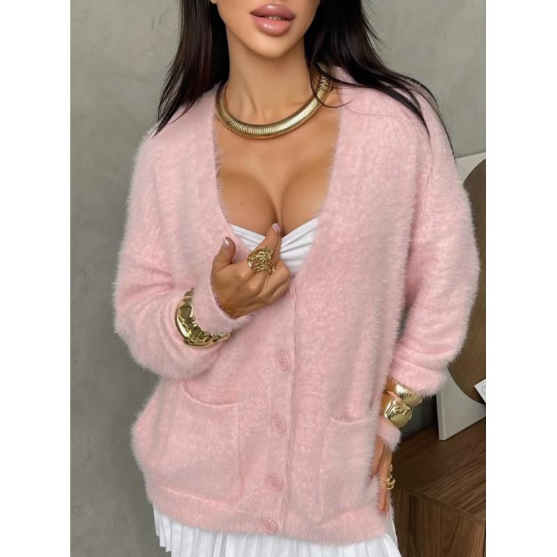 Womens Oversized Knit Cardigan Soft Faux Mink Fur Coat Long Sleeve V-Neck Loose Fit Street Style Sweater