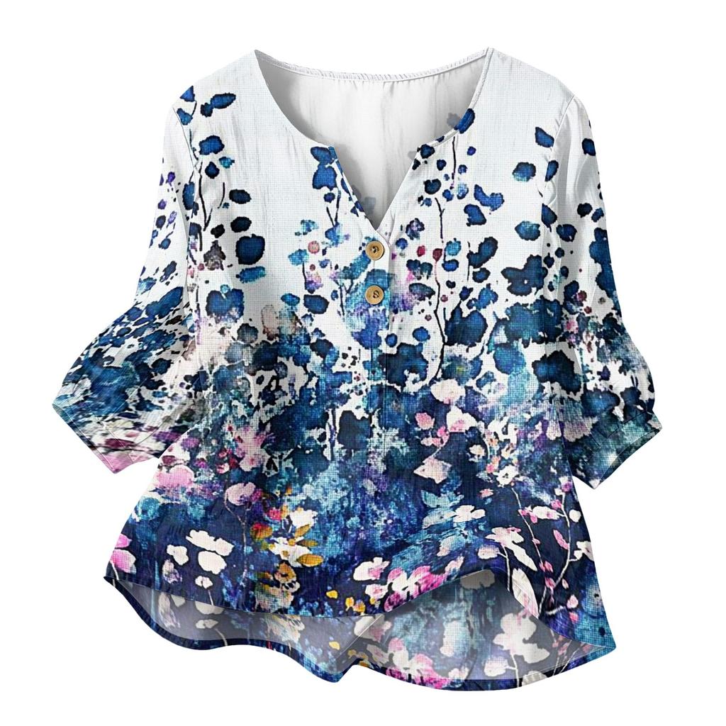 Women Henley Neck Button Front Floral Print Shirt Three Quarter Sleeve Cotton Linen Casual Loose Fit Blouse Top