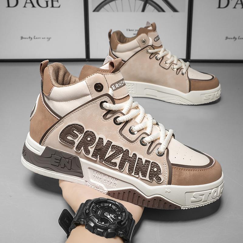Mens Skate Shoes Flat High-top Leather Comfortable Outdoor Walking Casual Footwear Trendy High-top Lace-up Tennis Sneakers Man