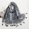 Spring and summer new cotton and linen feel hanging beard tassel long scarf pixel printing polyester beautiful shawl women