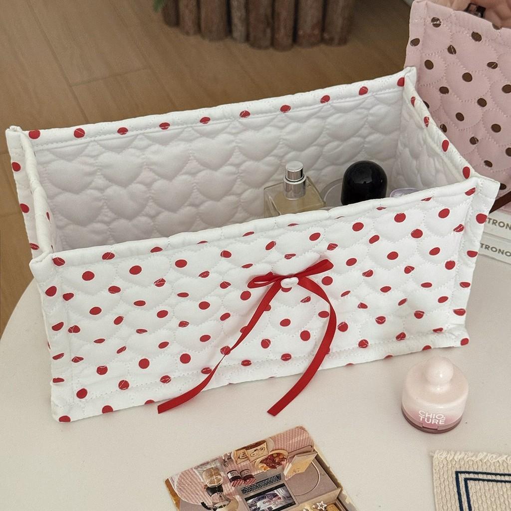 Large Polka Dot Quilted Rectangular Storage Basket With Nylon Material For Home Organization