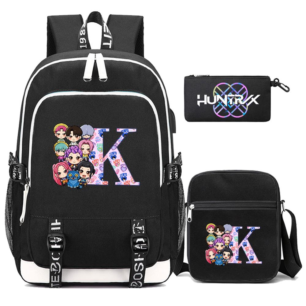 3Pcs/set 26 English Letter Kpop Printed Backpack with Shoulder Bag Pencil Case for Teenager Girl Boy Bookbag Large Capacity Waterproof Travel Bag