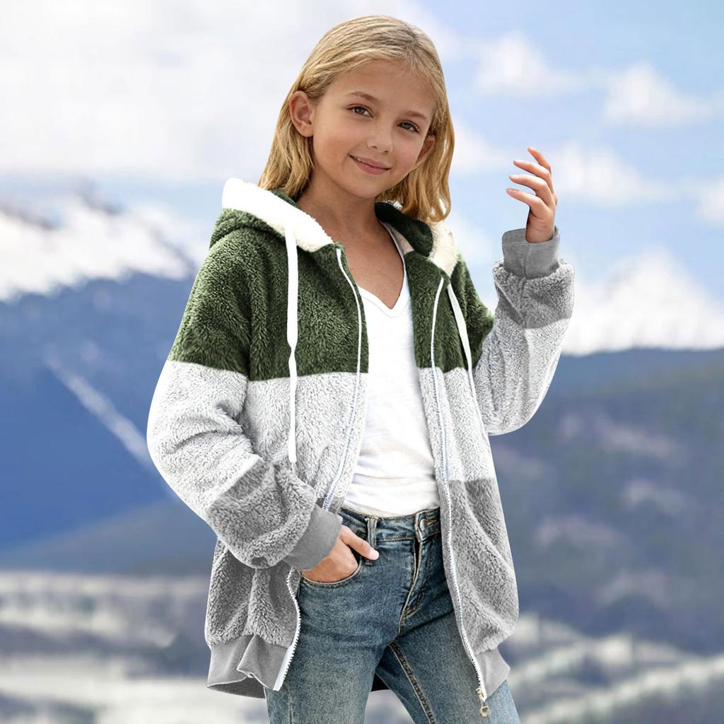 Children's Fashion Color Medium Large Children's Zipper Long Sleeve Hoodie Color Blocked Plush Warm Coat