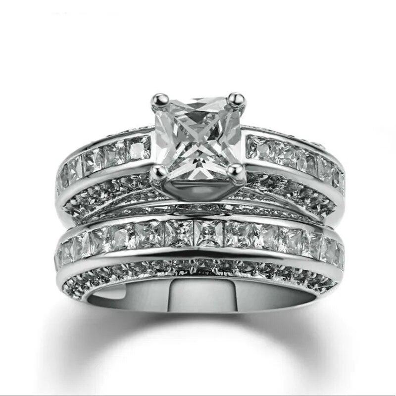 FDLK 2 stk Brudesett Elegante ringer for kvinner Bryllupsforlovelse Mote smykker med full skinnende kubikksirkon kvinnering