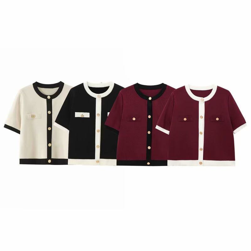 Zbzr Spring New Women clothes Western Style Fashion Contrast Color round Neck Short sleeve Knit cardigan 1822006 070