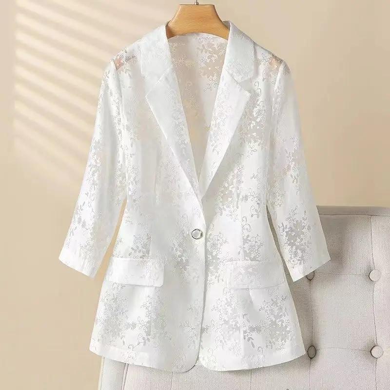 

Lightweight Lace Suit Jacket Summer European Sun Protection Fashion Slim Fit Hollow out Seven Points Stylish High End XS білий
