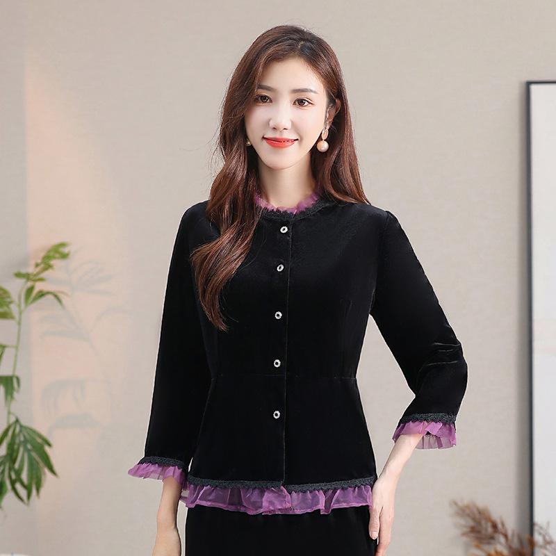 2024 Versatile Gold Velvet Lace Collar Cardigan Blouse for Women