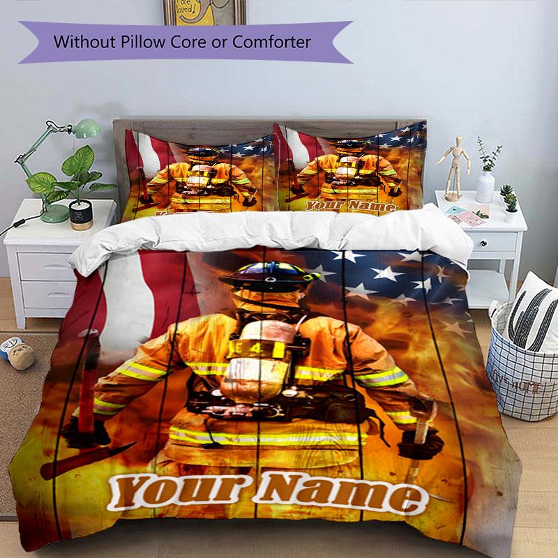 3PC Custom Name Firefighter's Valor Bedding Set Duvet Cover Closure Includes 1 Duvet Cover & 2 Pillowcases for Bedroom