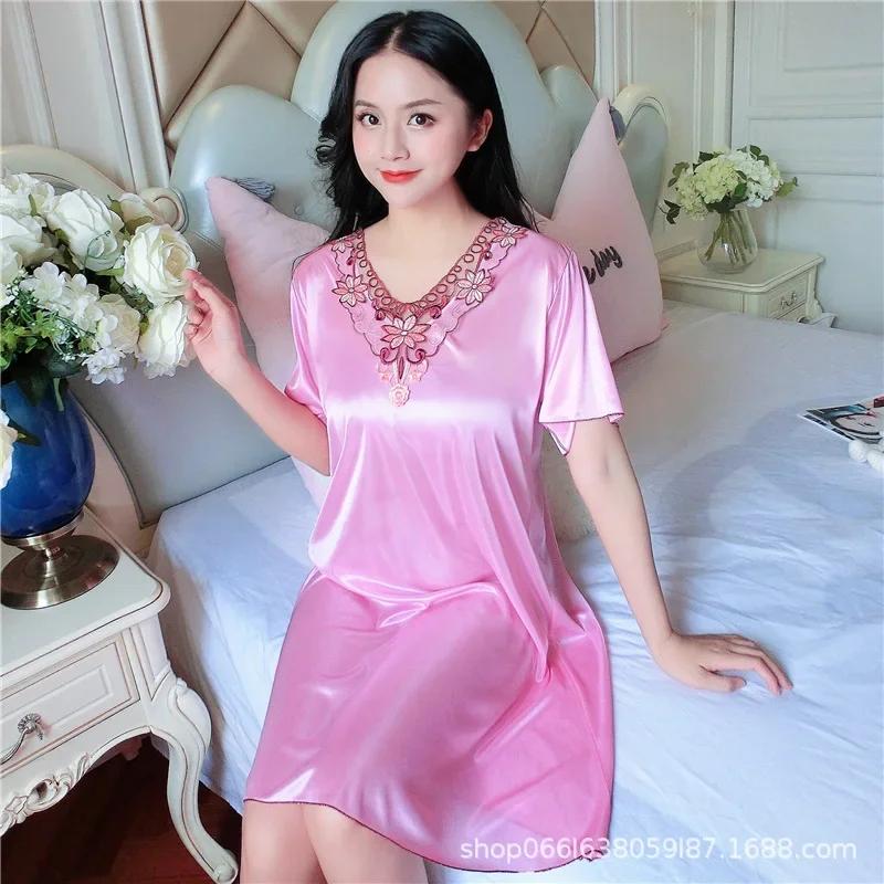 Women's Plus Size Short-Sleeve Lace Ice Silk Nightdress