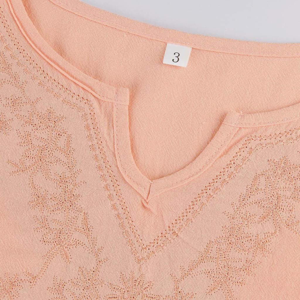 Women's Embroidered Literary Shirt Loose V-Neck Large Size Cotton Linen T Shirt