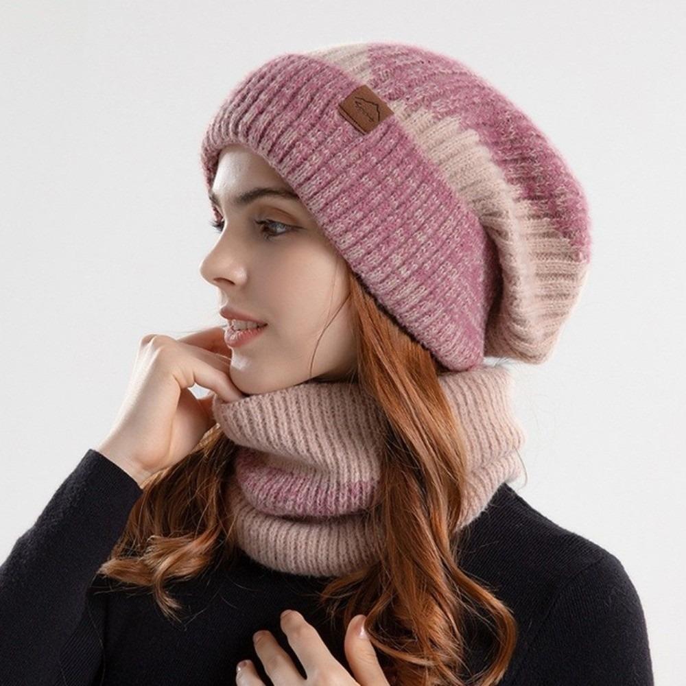 Soft Winter Beanie Hat Scarf Set Thicken Warm Wool Hat Hiking Thermal Knit Cap  Skiing