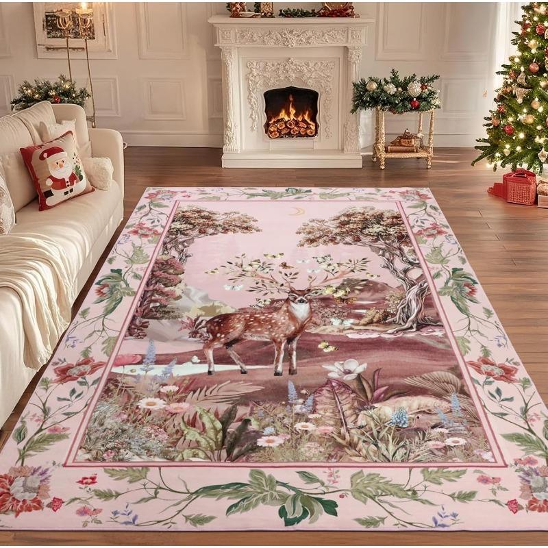 Vintage Animal Floral Pattern Living Room Carpet Foldable Machine Washable Rug Suitable for Sofa Coffee Table  Bedroom Floor Mat