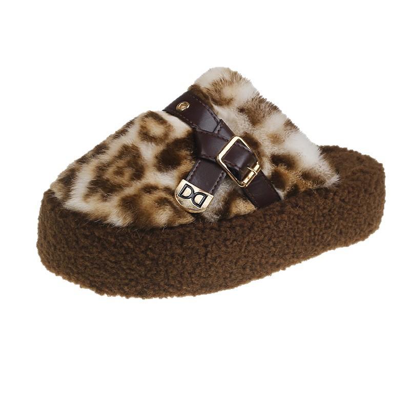 Herbst und Winter 2025 Koreanische Version High-End Home Office Leopardenmuster Dicksohlige Gürtelschnalle Taschenkopf Einwortige flauschige Baumwollpantoffeln Damen