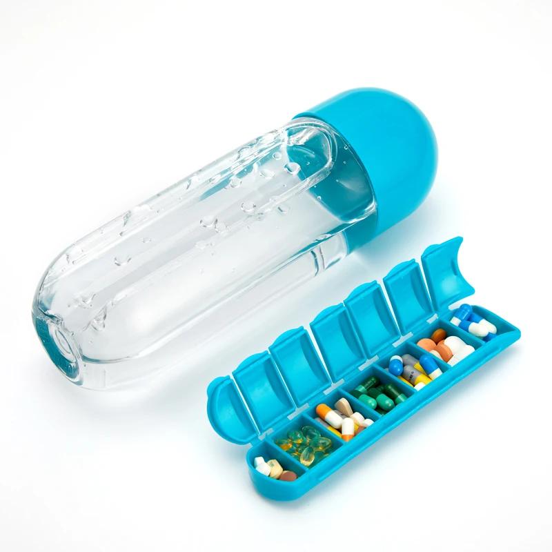 2 In 1 600ml 7 Grids Medicine Box Water Cup Sports Plastic Water Bottle Combine Daily Pill Boxes Organizer Drinking Bottles