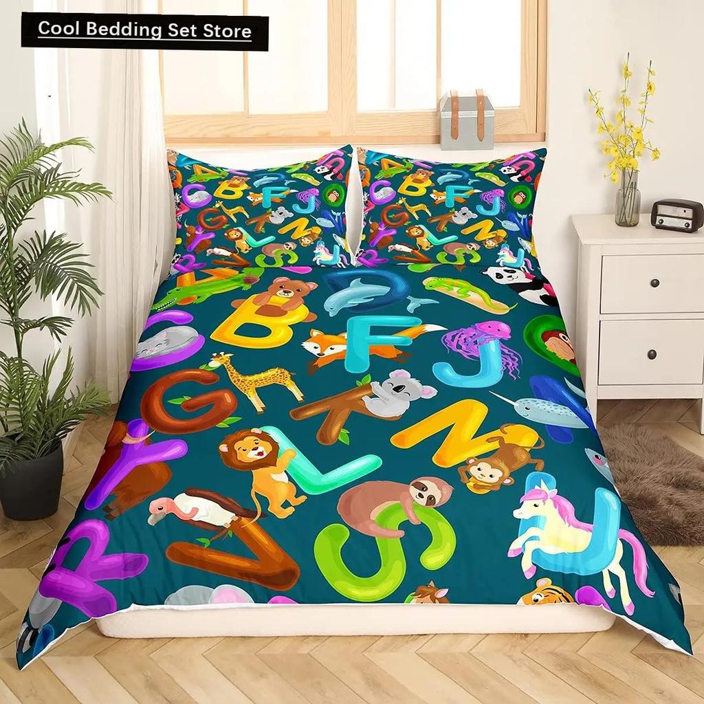 Comforter Cartoon Numbers King Queen Lovely Animals Bedding Set Kids Colorful English Alphabet 2/3Pcs Polyester