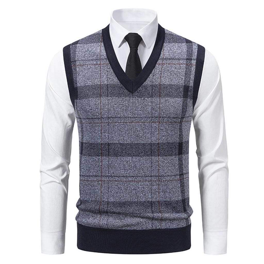 Men's Winter Fleece-Lined Plaid Vest, Pullover, Loose-Fitting Men's Sleeveless Sweater Vest