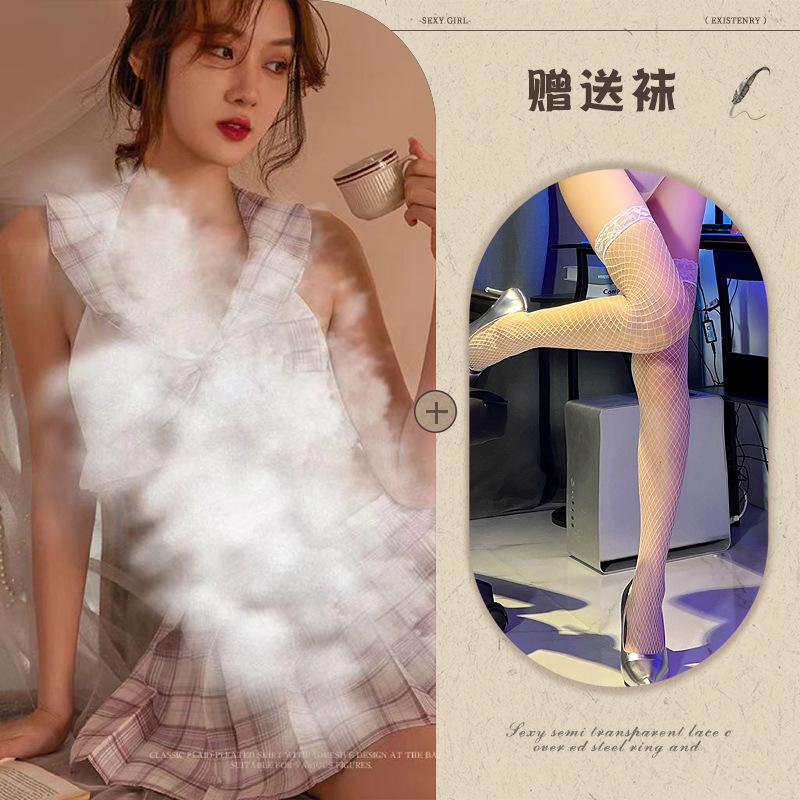 Sexy lingerie sexy plaid jk student dress summer lace-up hollow schoolgirl