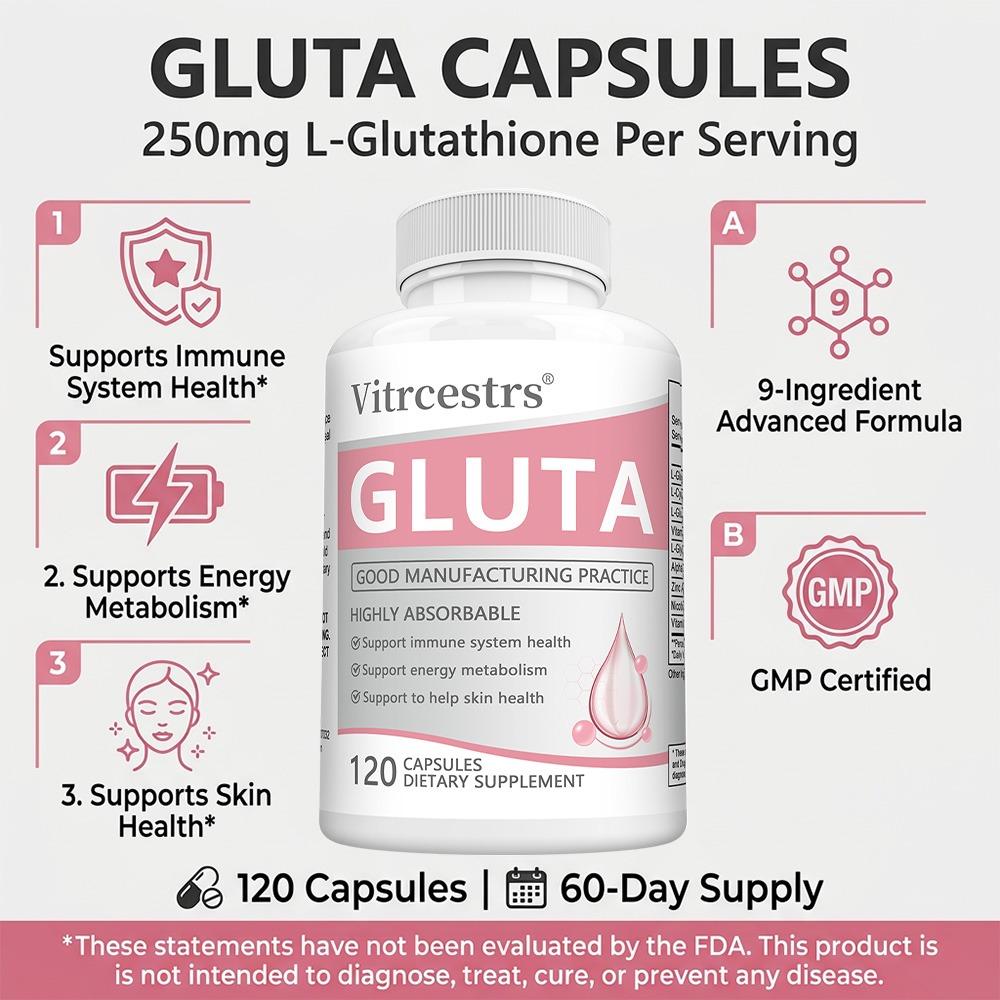 Vitrcestrs Gluta L-Glutathione Capsules with Vitamin C & Alpha-Lipoic Acid, Skin & Immune Support,120 Capsules