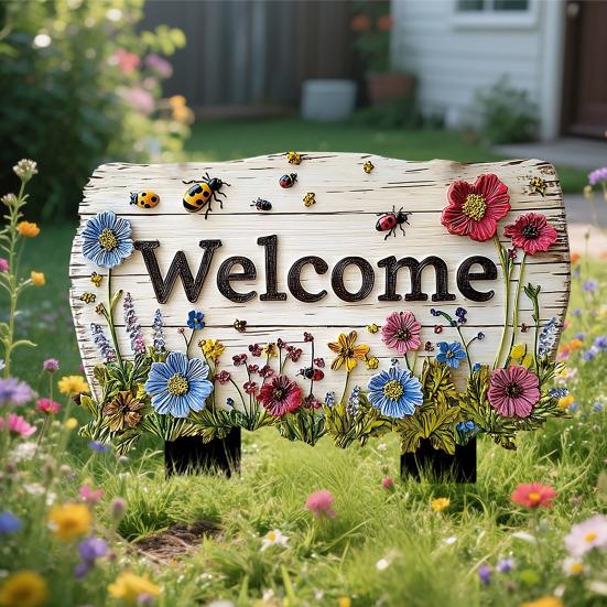 Floral Garden Sign with Stake, Farmhouse Garden Sign, Colorful Flowers Yard Art Stake, Rustic Welcome Sign for Home Garden Pathway Planter Decor