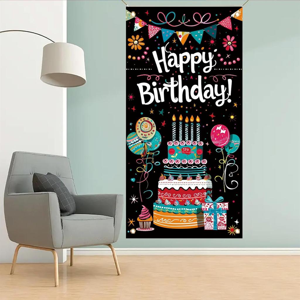Birthday Door Cover Banner Colorful Cake Balloon Banner Party Decoration Hanging Backdrop for Kids Adults Birthday Celebration Entrance Photography