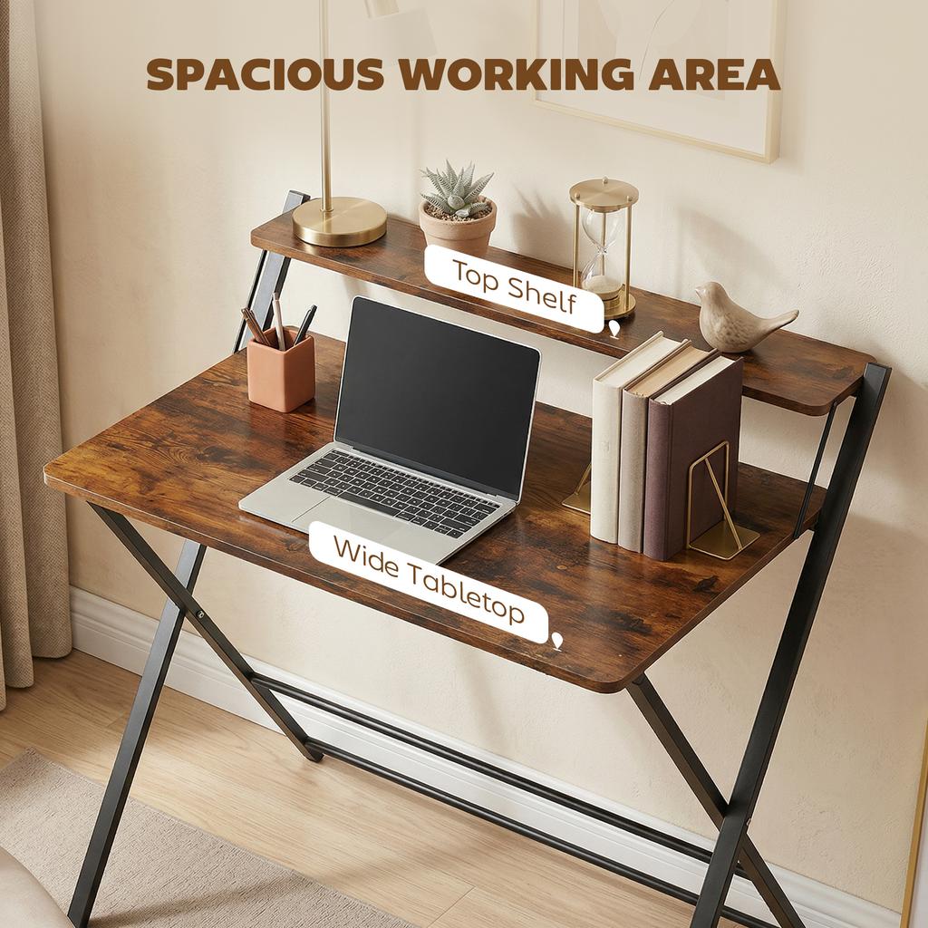 Compact Folding Desk For Small Spaces With Storage Shelf For Home Office Rustic Brown