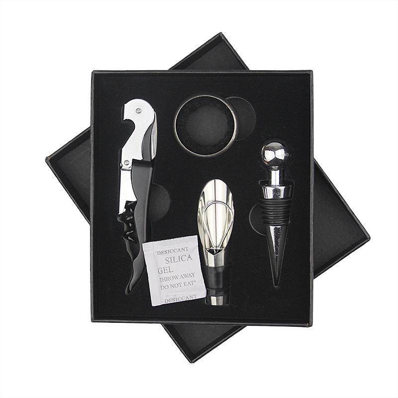 Jiuyou 4-Piece Stainless Steel Wine Tools: Waiter's Corkscrew, Pourer, Corkscrew Set in Gift Box.