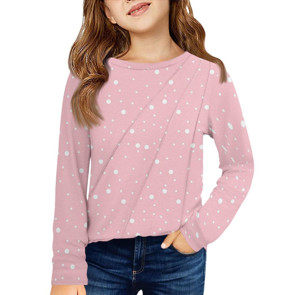 Girls' Long Sleeve Tee - Pleated Round Neck Casual Top